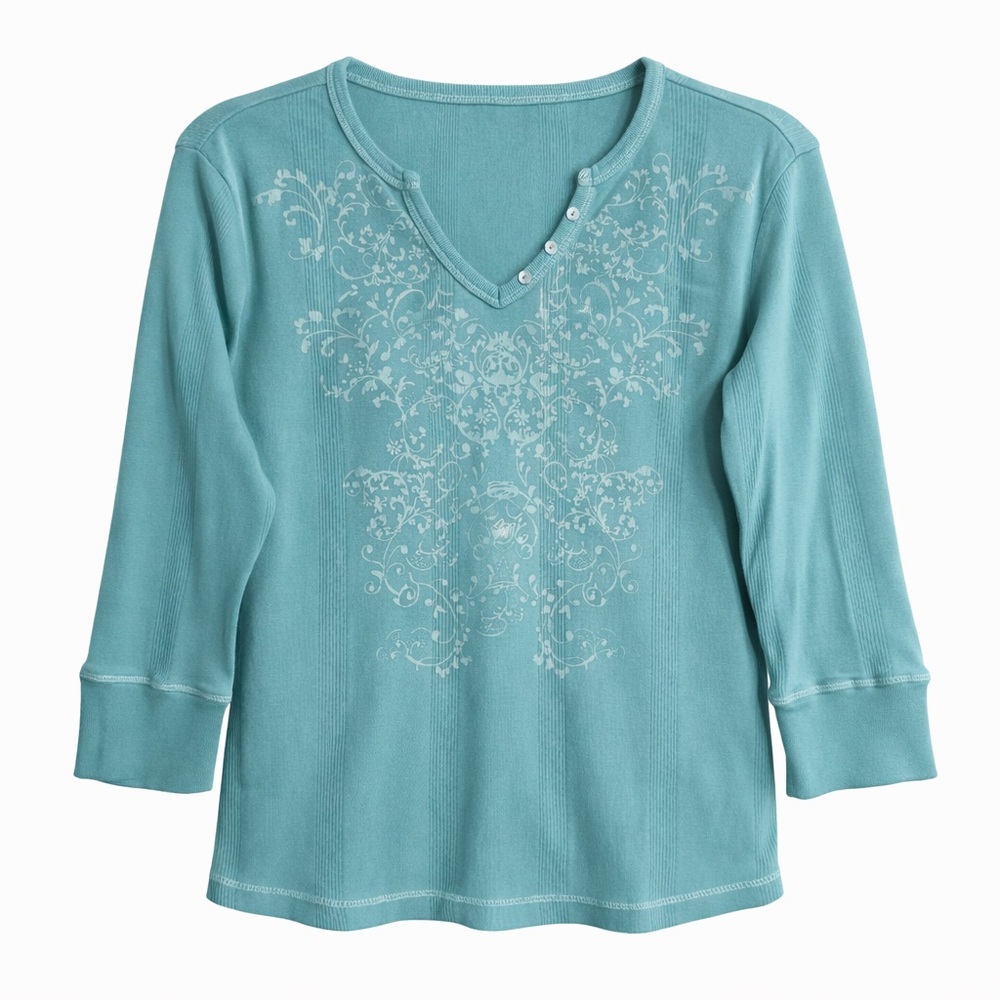 Style & Co Y2K Teal Ribbed Long Sleeve Top Floral Print Front & Back Size M
